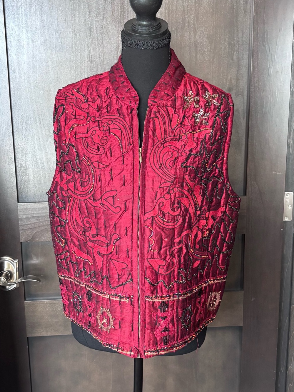 Chico’s Red Silk Embroidered/Beaded Vest Jacket - Women's